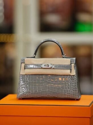 Mini Kelly II 20 Shiny Alligator 0V Gris Ciment PHW
