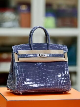 Birkin 25 Shiny Niloticus Crocodile 7E Bleu Clair PHW